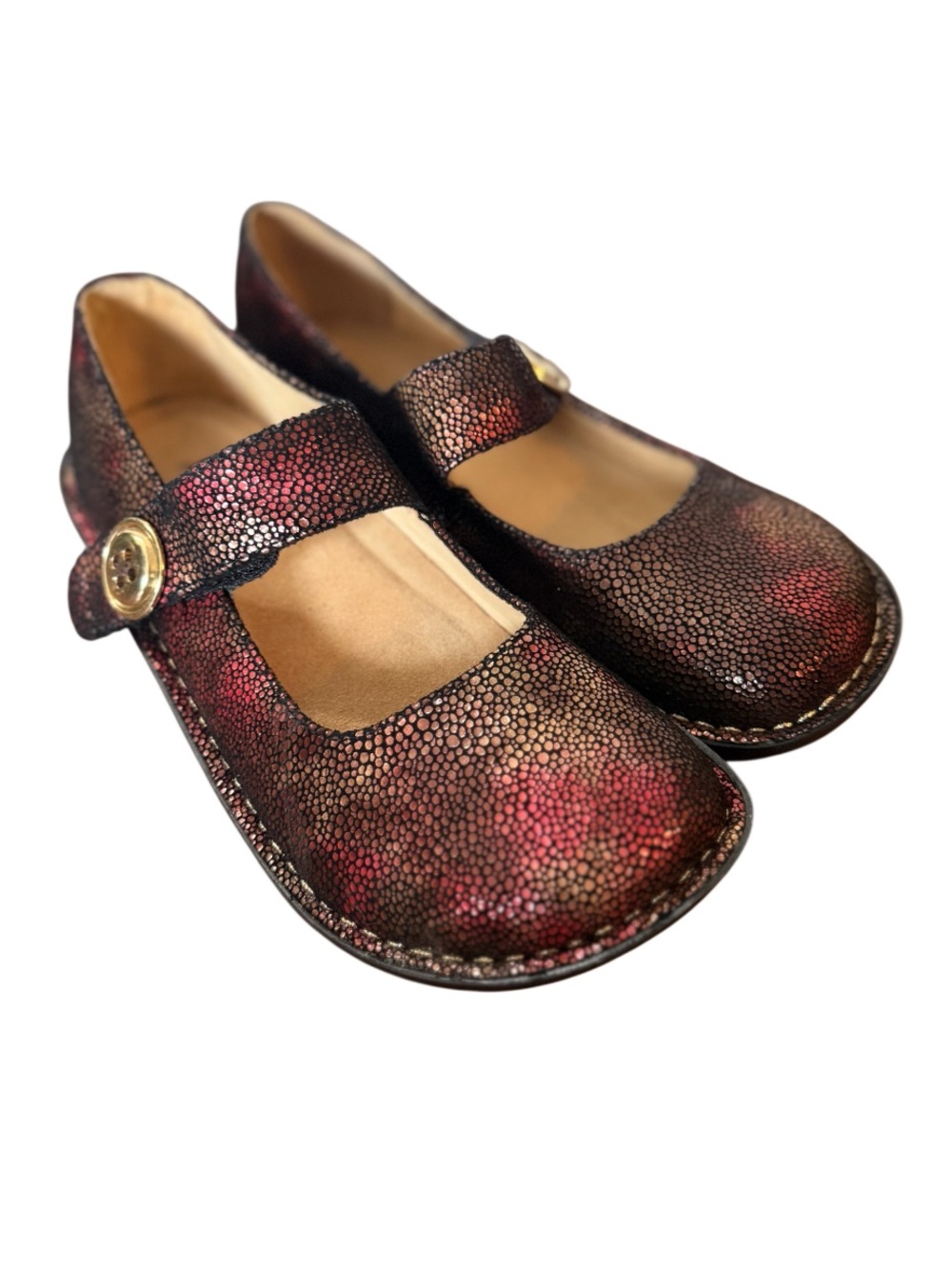 Alegria Paloma Mary Jane Flats in Gold, Red, and Burgundy-Size 5 NWOT